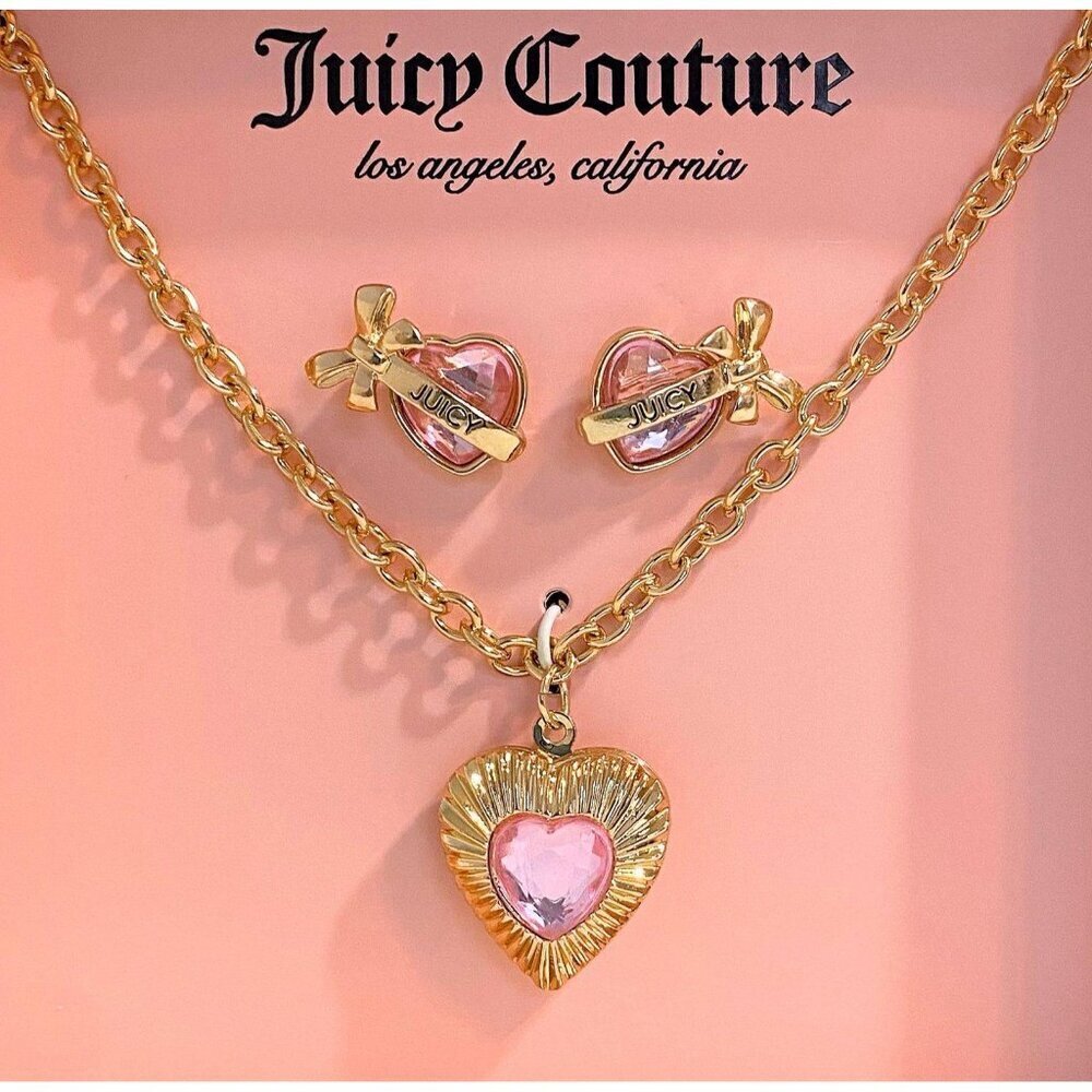 Juicy Couture Pink Gold Heart Crystal Charm Locket Necklace & Earrings Set NIB - Picture 3 of 6